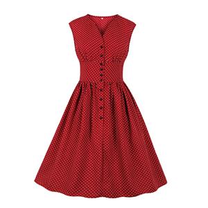 Vintage Rockabilly Polka Dots V Neck Sleeveless High Waist Cocktail Party Swing Dress N19031