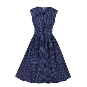 Vintage Rockabilly Polka Dots V Neck Sleeveless High Waist Cocktail Party Swing Dress N19102