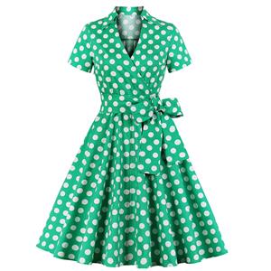 Vintage Polka Dots Print Lapel Short Sleeve High Waist Lace-up A-line Big Swing Midi Dress N20622