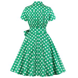 Vintage Polka Dots Print Lapel Short Sleeve High Waist Lace-up A-line Big Swing Midi Dress N20622