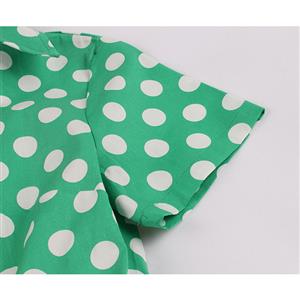 Vintage Polka Dots Print Lapel Short Sleeve High Waist Lace-up A-line Big Swing Midi Dress N20622