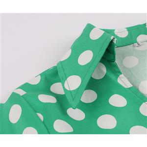 Vintage Polka Dots Print Lapel Short Sleeve High Waist Lace-up A-line Big Swing Midi Dress N20622