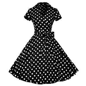 Vintage Polka Dots Print Lapel Short Sleeve High Waist Lace-up A-line Big Swing Midi Dress N20623