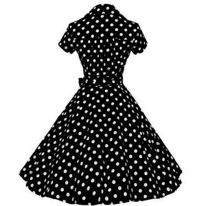 Vintage Polka Dots Print Lapel Short Sleeve High Waist Lace-up A-line Big Swing Midi Dress N20623