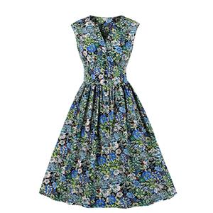 Fashion Floral Print V Neck Sleeveless Front Button High Waist Summer A-line Dress N20579