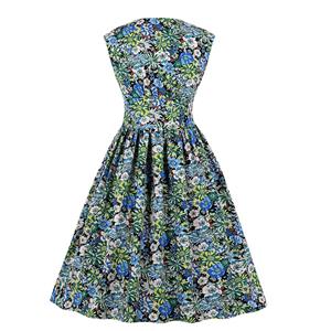 Fashion Floral Print V Neck Sleeveless Front Button High Waist Summer A-line Dress N20579