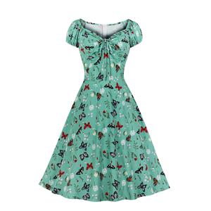 Retro Print Sweetheart Neck Drawstring Lace-up Short Sleeve High Waist Midi Dress N21349