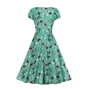 Retro Print Sweetheart Neck Drawstring Lace-up Short Sleeve High Waist Midi Dress N21349