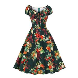 Vintage Floral Print Sweetheart Drawstring Lace-up Short Sleeve High Waist Midi Dress N22204