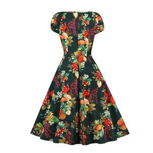 Vintage Floral Print Sweetheart Drawstring Lace-up Short Sleeve High Waist Midi Dress N22204