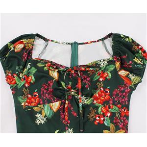 Vintage Floral Print Sweetheart Drawstring Lace-up Short Sleeve High Waist Midi Dress N22204