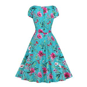 Vintage Floral Print Sweetheart Drawstring Lace-up Short Sleeve High Waist Midi Dress N22205
