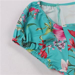 Vintage Floral Print Sweetheart Drawstring Lace-up Short Sleeve High Waist Midi Dress N22205