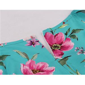 Vintage Floral Print Sweetheart Drawstring Lace-up Short Sleeve High Waist Midi Dress N22205