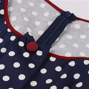 Blue Print Square Neck White Wave Point Short Sleeve High Waist Swing Dress N23021