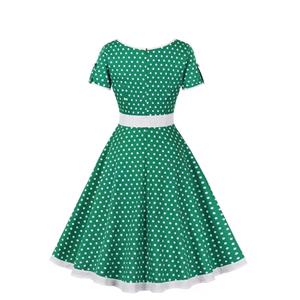 Green Print Square Neck White Wave Point Short Sleeve High Waist Swing Dress N23023