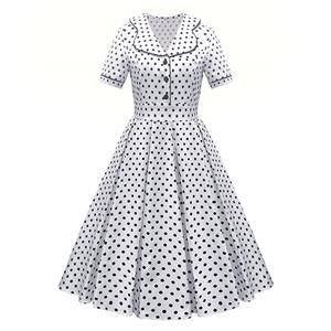 Women Vintage Cocktail Dress Lapel V Neck Polka Dot 1950s Retro Aline Swing Party Dresses N23485