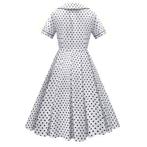 Women Vintage Cocktail Dress Lapel V Neck Polka Dot 1950s Retro Aline Swing Party Dresses N23485