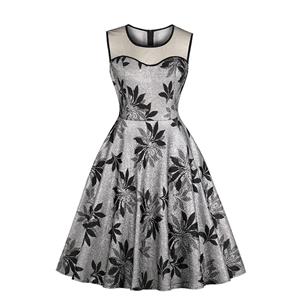 Elegant Silver Floral Pattern See-through Bodice Sleeveless High Waist A-line Dress N18865
