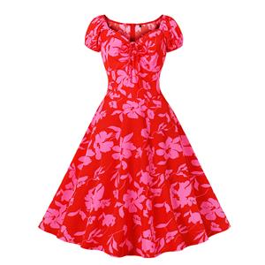 Vintage Elegant Red Printed Short Sleeve Round Neck High Waist Zipper Midi Dress N23155