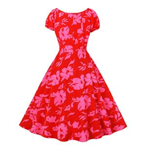 Vintage Elegant Red Printed Short Sleeve Round Neck High Waist Zipper Midi Dress N23155