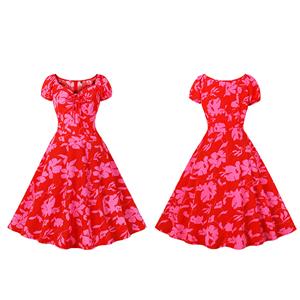 Vintage Elegant Red Printed Short Sleeve Round Neck High Waist Zipper Midi Dress N23155