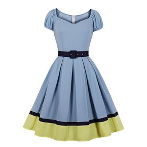 1950's Vintage Bateau Neck Puff Sleeve High Waist Color Blocking Cocktail Belted Swing Dress N21486