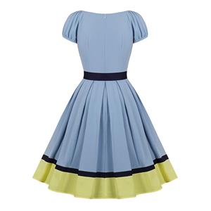 1950's Vintage Bateau Neck Puff Sleeve High Waist Color Blocking Cocktail Belted Swing Dress N21486