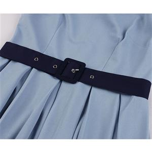 1950's Vintage Bateau Neck Puff Sleeve High Waist Color Blocking Cocktail Belted Swing Dress N21486