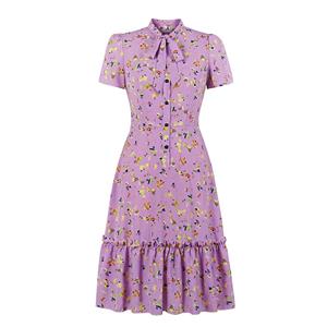 Bow-knot Tie Collar Party Dresses, Cute Summer Swing Dress, Retro Floral Print Dresses for Women 1960, Vintage Dresses 1950's, High Waist Dresses for Women, Floral Print Dresses, Vintage Summer Day Dress, #N20833