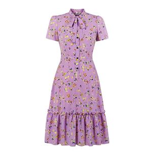 Sexy Purple Bow-knot Tie Collar Short Sleeve Floral Print High Waist Ruffle Midi Dress N20833