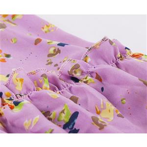 Sexy Purple Bow-knot Tie Collar Short Sleeve Floral Print High Waist Ruffle Midi Dress N20833