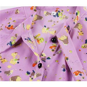 Sexy Purple Bow-knot Tie Collar Short Sleeve Floral Print High Waist Ruffle Midi Dress N20833