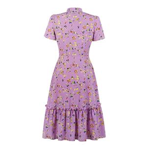 Sexy Purple Bow-knot Tie Collar Short Sleeve Floral Print High Waist Ruffle Midi Dress N20833