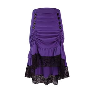 Vintage Gothic Purple High Waist Button Lace Trim Ruffled High-low Skirt N22768