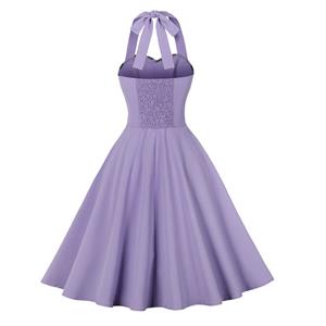 Vintage Purple Hanging Neck Sleeveless Casual Cocktail Big Swing Dress N22748
