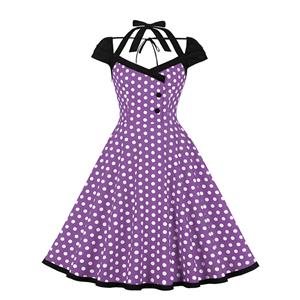 Vintage Purple Sweetheart Round Dot Lace-up Short Sleeve High Waist Midi Dress N22775