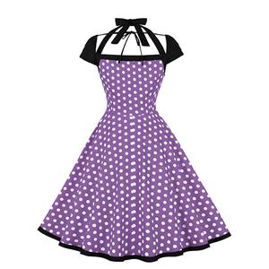 Vintage Purple Sweetheart Round Dot Lace-up Short Sleeve High Waist Midi Dress N22775