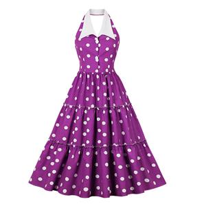 Vintage Purple Hanging Neck V Neck Backless High Waist Summer Cocktail Party A-line Dress N22742