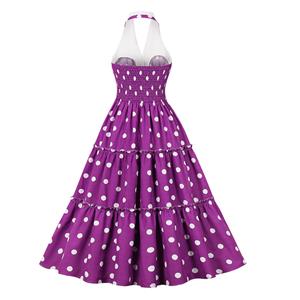 Vintage Purple Hanging Neck V Neck Backless High Waist Summer Cocktail Party A-line Dress N22742