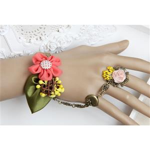 Vintage Rattan Wristband Flower Bracelet with Red Rose Ring J18027