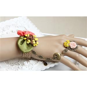 Vintage Rattan Wristband Flower Bracelet with Red Rose Ring J18027