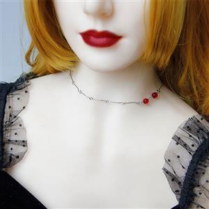 Vintage Silver Alloy Choker Red Beads Embellished Necklace J19699