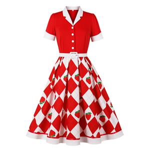 Strawberry print, Polka dot pattern, Red ribbon waist tie, Heart-shaped buttons, Classic collar, Short puffed sleeves, White lace cuffs, Flared A-line skirt, Vintage mini dress, Sweet and playful style #N23825