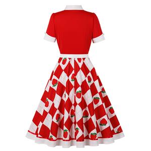 Vintage Strawberry & Polka Dot Mini Dress with Red Ribbon Waist Tie and Heart Buttons N23825