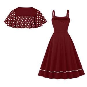 Vintage 2 - Piece Polka Dot & Wine Red Dress Set (Peter Pan Collar Cape + Sleeveless A - line Dress) N23932