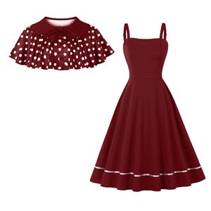 Vintage 2 - Piece Polka Dot & Wine Red Dress Set (Peter Pan Collar Cape + Sleeveless A - line Dress) N23932