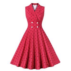 Vintage Red Round Dot Sleeveless High Waist Summer Cocktail Party Midi Dress N22833