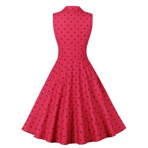 Vintage Red Round Dot Sleeveless High Waist Summer Cocktail Party Midi Dress N22833