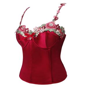 Vintage Red Satin Shapewear - Floral Lace Corset with Adjustable Straps for Elegant Occasions N237824